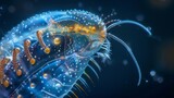Fototapeta  - A closeup of a microscopic water flea also known as a daphnia reveals its intricate body structure and the tiny hairs that allow it