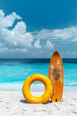 Wall Mural - View of a yellow rubber ring and surfboard on the white sand beach with a sea view. Summer vacation concepts.