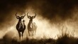 Dust-covered Red Hartebeest duel in the unforgiving Kalahari Desert of South Africa