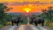 Two rhinos stand silhouetted against a fiery sunset on the African savanna of Kruger National Park, South Africa.