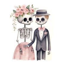 Watercolor Skeleton Bride And Groom With Bouquet Of Roses. Hand Drawn Illustration