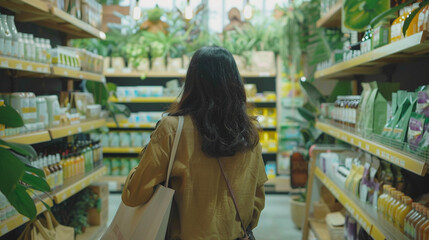 Young woman shopping on bio store, health care nutrition