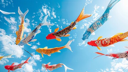 Dynamic scene of colorful carp streamers soaring in a clear blue sky, a traditional symbol of Children's Day in Japan