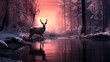 Mule deer in winter forest at sunset. Panoramic image.