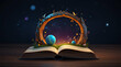 Magic Book With Open Pages And Abstract Lights Shining In Darkness - Literature And Fairytale Concept - Contain Illustration. Genrative.ai 
