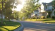 Blurred background of a serene neighborhood setting featuring rainwater harvesting systems and designated bike paths for a greener healthier community. .