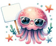 
A cute jellyfish wearing sunglasses holding a white sign

