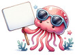 
A cute jellyfish wearing sunglasses holding a white sign


