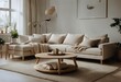 living room table couch coffee cozy Scandinavian beige wooden Minimalist pillows