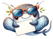 A cute stingray wearing sunglasses holding a white sign
