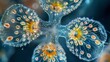 A microscopic view of a diatom bloom their shimmering silica shells creating a mesmerizing pattern in the water. These blooms play