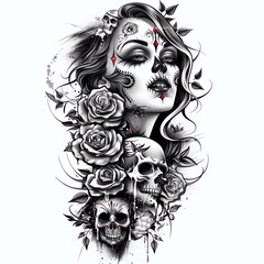 A lady woman and skull tattoo texture design black and white outline illustration. Generative AI	
