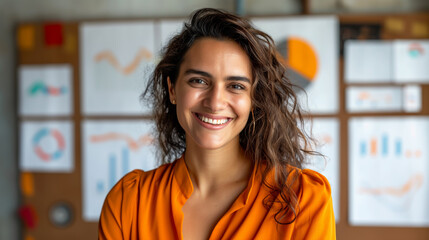 A smiling woman in orange attire, standing before a board with various business charts and graphs, showcasing a corporate concept. Generative AI