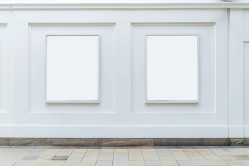 two blank billboards on a building's white facade, modern street advertising concept, generative ai.