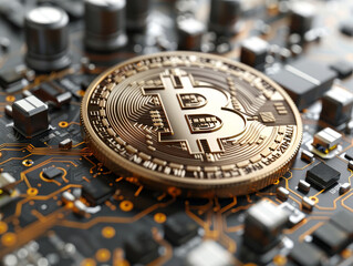 Poster - A close-up image of a golden Bitcoin on a detailed circuit board, concept of cryptocurrency technology. Generative AI