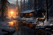 Beautiful winter landscape with deer on a background of mountains and the river