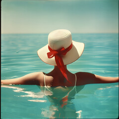 Wall Mural - A woman in a white hat and a red ribbon is floating in the ocean