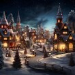 Illustration of a Christmas village at night, 3d digitally rendered illustration
