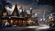 Winter village with snow covered houses at night. 3D illustration.