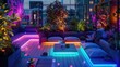 Rooftop neon garden with glowing plants and relaxation areas