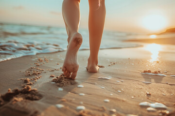 Wall Mural - Closeup of woman feet walking on beach