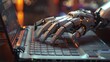 A robot hand is shown typing on a standard keyboard. The robot hand is white and grey, made of metal.