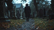 A dimly lit graveyard is disturbed by the sound of heavy footsteps as a figure clad in all black with a worn hat pulled low over their face slowly walks between the .