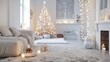 A living room with a white Christmas tree, white sofa, and white fur rug. There are fairy lights on the walls and a fireplace. There are candles on the floor and presents under the tree.