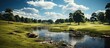 Golf course with blue sky and white clouds. Panorama.