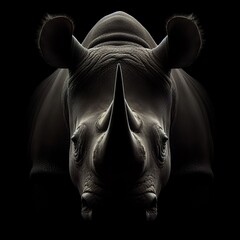 Wall Mural - A Rhinoceros in front portrait, with the rim light. black and white