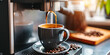 close up of coffee machine pouring black delicious hot espresso in modern kitchen, generative AI