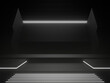 3D black geometric podium with white neon lights.