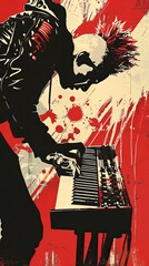 Sticker - Keyboardist Punk Rock Poster, Red and Black Style