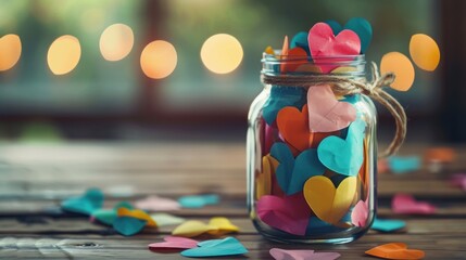 Wall Mural - A jar filled with colorful paper hearts, each one inscribed with a loving message.