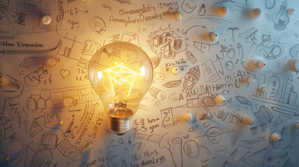 Canvas Print - Glowing Light Bulb Amongst Hand-Drawn Invention Sketches