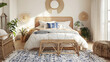 Natural coastal interior bedroom, cane bed blue and white patterned 