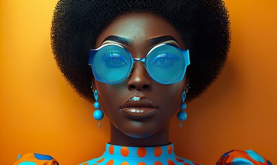 Wall Mural - Stylish and bold woman with a retro afro hairstyle wearing futuristic blue sunglasses 