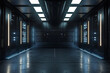 Black edition sci-fi lab, empty, dark with wall lights, futuristic shadow