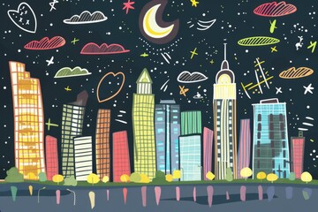 Wall Mural - Cartoon cute doodles of a favorite spot in the city skyline with skyscrapers, lights, and bustling streets below, Generative AI