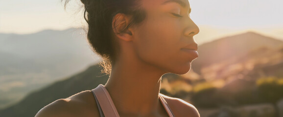 Wall Mural - Lifestyle portrait of fit athletic black woman hiking on scenic mountain trail