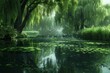 A pond surrounded by willow trees