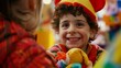 Closeup of a childs face eyes wide with wonder and joy as they receive a new toy from a volunteer dressed as a beloved cartoon character at a community event. .