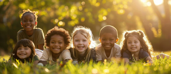 A group of happy children from different races lie on the grass in front, looking at the camera on a sunny day with a park background in bright colors