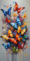 Wall Mural - Vertical abstract oil painting with colorful butterflies, knife painting, paint spots and strokes. Large stroke oil painting, vertical