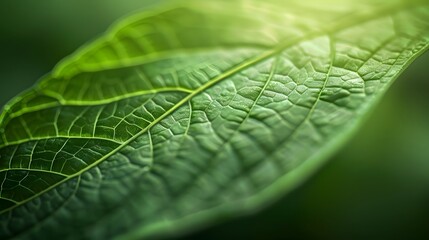 Wall Mural - A soft focus on the exuberant texture of a leaf, in a green abstract background, offers a close-up nature image.