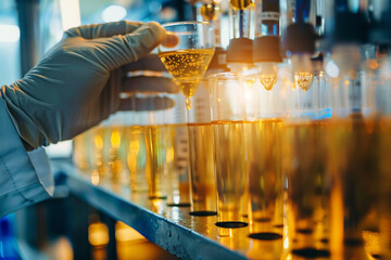 Close up the hand of Scientist takes samples of factory wastewater in a test tube for analysis in lab. Banner size