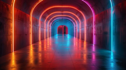 Sticker - abstract neon-lit corridor, futuristic design, endless path of vibrant neon lights, AI Generative