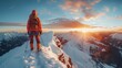 Climber atop snowy peaks, vast landscape below, symbolizing challenge and victory, realism style, photograph, challenge, victory, peaks, landscape, climber, AI Generative