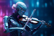 Futuristic robot playing violin on stage, replacing human job with ai musician