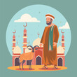 Arabian Muslim Man with Sheep Goat in Front of Mosque for Islamic Eid Al Adha